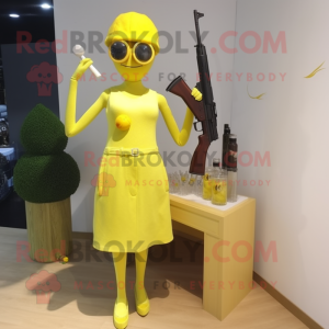 Lemon Yellow Sniper mascot costume character dressed with a Cocktail Dress and Brooches