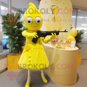 Lemon Yellow Sniper mascot costume character dressed with a Cocktail Dress and Brooches