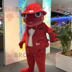 Red Tuna mascot costume character dressed with a Suit Pants and Caps