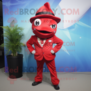 Red Tuna mascot costume character dressed with a Suit Pants and Caps