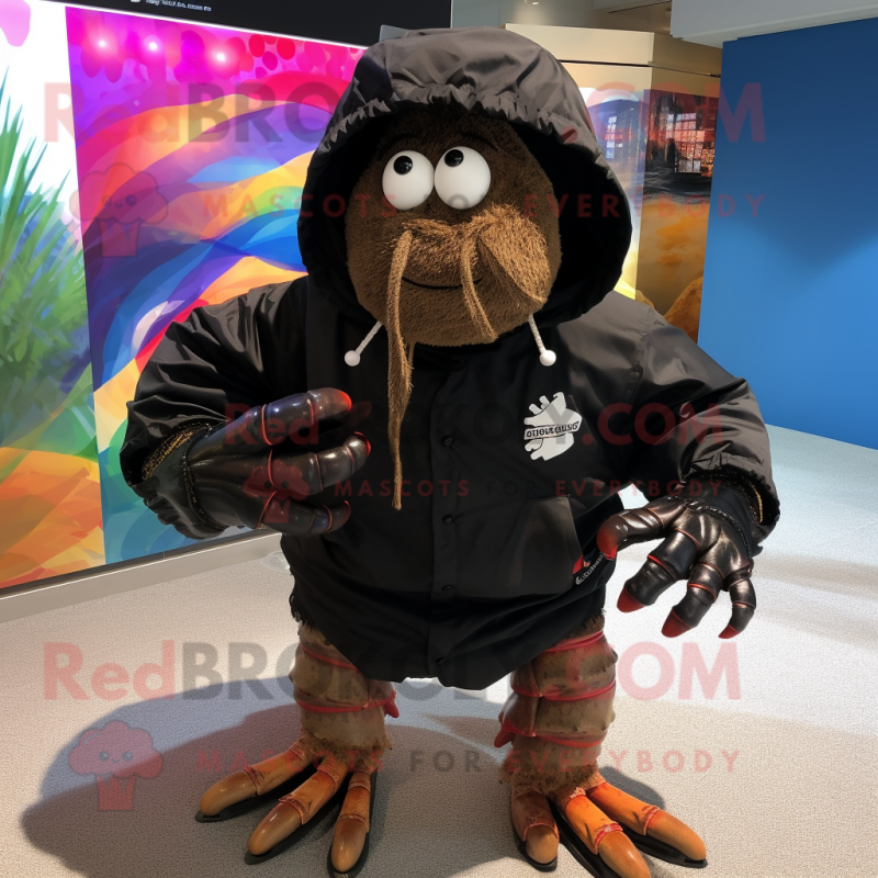 Black Hermit Crab mascot costume character dressed with a Windbreaker and Brooches