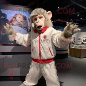 White Baboon mascot costume character dressed with a Bomber Jacket and Gloves