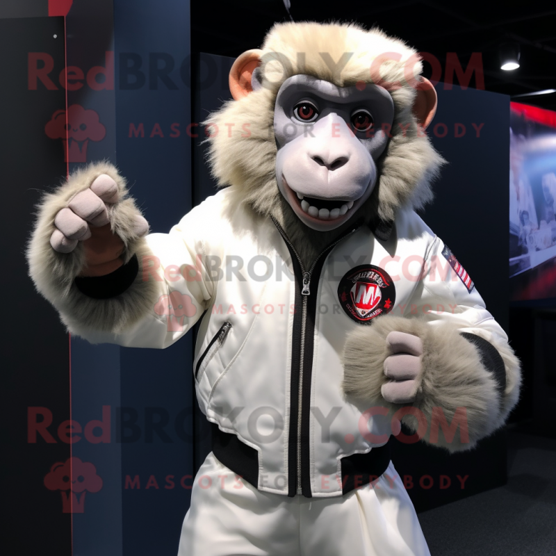 White Baboon mascot costume character dressed with a Bomber Jacket and Gloves White Baboon mascot costume character dressed with a Bomber Jacket and Gloves