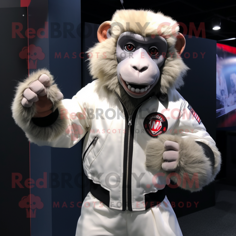 White Baboon mascot costume character dressed with a Bomber Jacket and Gloves