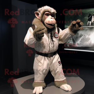 White Baboon mascot costume character dressed with a Bomber Jacket and Gloves