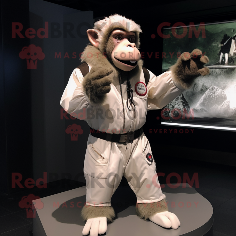 White Baboon mascot costume character dressed with a Bomber Jacket and Gloves White Baboon mascot costume character dressed with a Bomber Jacket and Gloves
