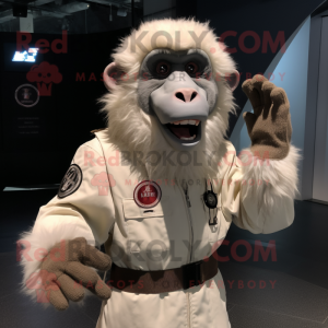 White Baboon mascot costume character dressed with a Bomber Jacket and Gloves