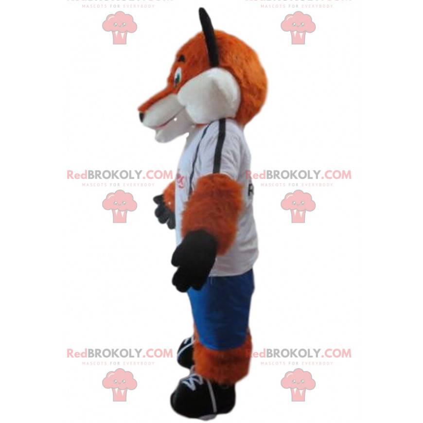 Mascote raposa laranja e branca em roupas esportivas -