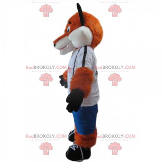 Mascote raposa laranja e branca em roupas esportivas -
