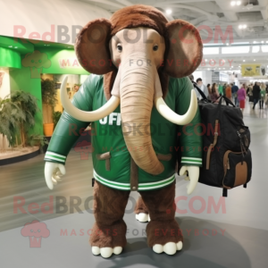 Forest Green Mammoth mascot costume character dressed with a Leather Jacket and Messenger bags