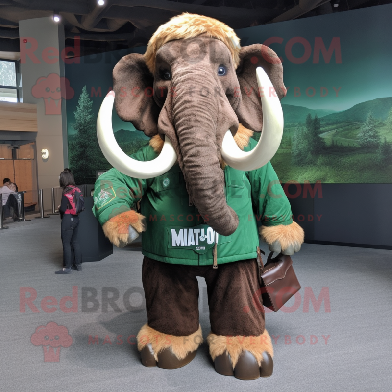 Forest Green Mammoth mascot costume character dressed with a Leather Jacket and Messenger bags Forest Green Mammoth mascot costume character dressed with a Leather Jacket and Messenger bags