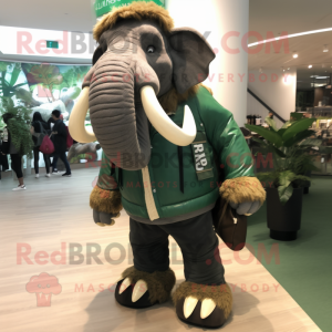 Forest Green Mammoth mascot costume character dressed with a Leather Jacket and Messenger bags