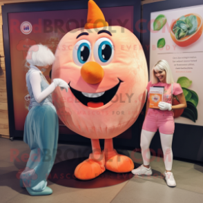 Peach Stilt Walker mascot costume character dressed with a Jeans and Coin purses