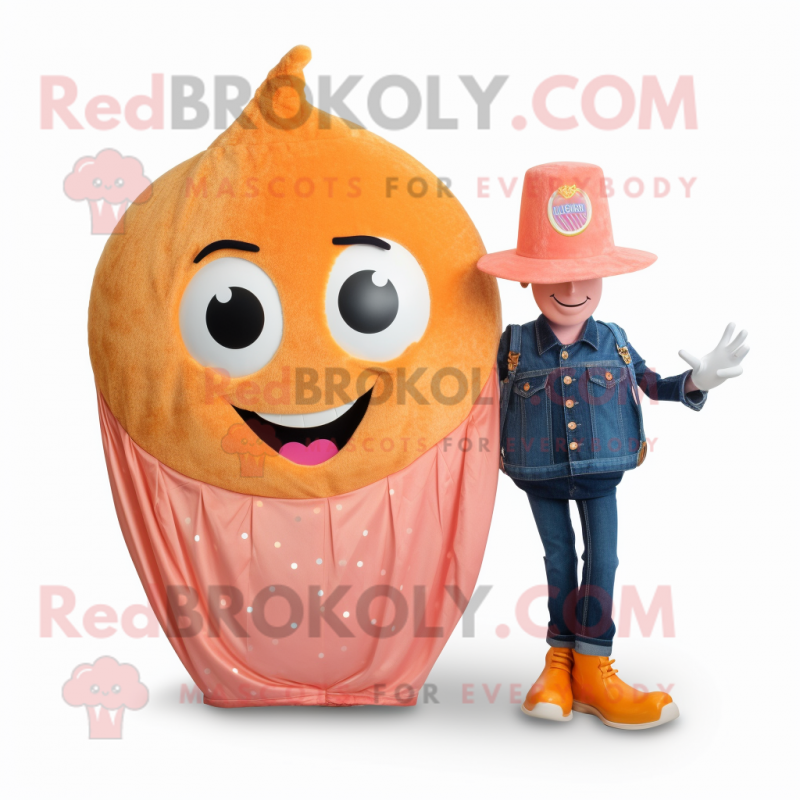 Peach Stilt Walker mascot costume character dressed with a Jeans and Coin purses