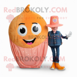 Peach Stilt Walker mascot costume character dressed with a Jeans and Coin purses