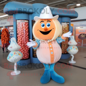 Peach Stilt Walker mascot costume character dressed with a Jeans and Coin purses