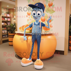 Peach Stilt Walker mascot costume character dressed with a Jeans and Coin purses