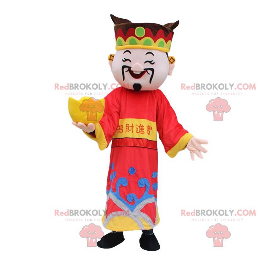 Asiatisk mand maskot, rigdomens gud, asiatisk kostume -
