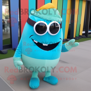 Cyan Burgers mascot costume character dressed with a Corduroy Pants and Sunglasses