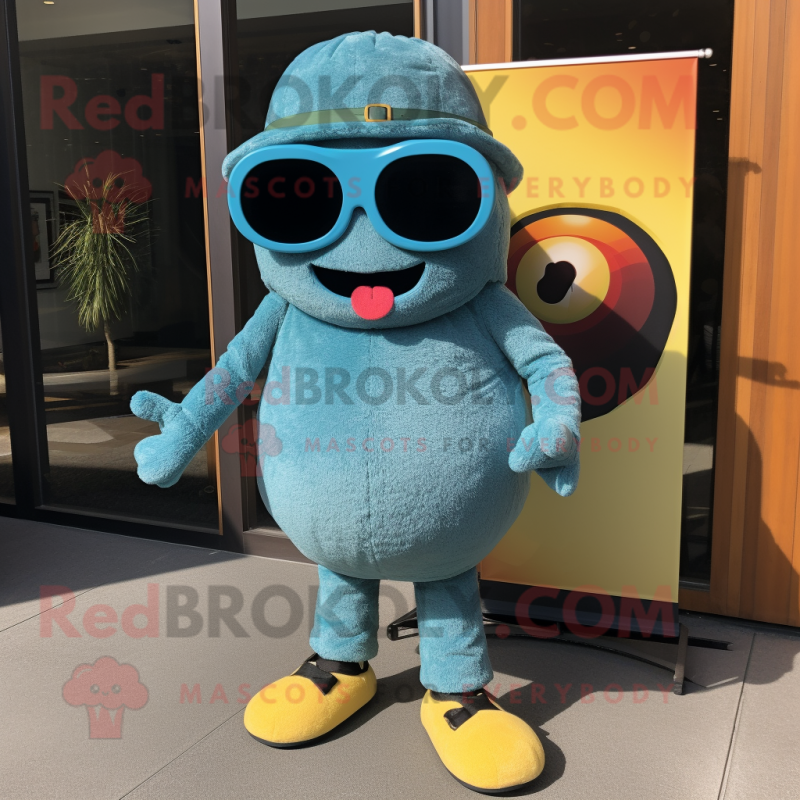 Cyan Burgers mascot costume character dressed with a Corduroy Pants and Sunglasses Cyan Burgers mascot costume character dressed with a Corduroy Pants and Sunglasses