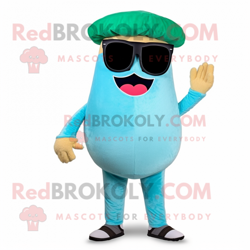 Cyan Burgers mascot costume character dressed with a Corduroy Pants and Sunglasses Cyan Burgers mascot costume character dressed with a Corduroy Pants and Sunglasses