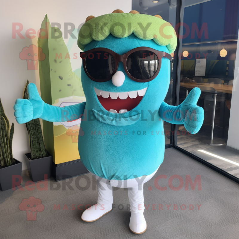 Cyan Burgers mascot costume character dressed with a Corduroy Pants and Sunglasses Cyan Burgers mascot costume character dressed with a Corduroy Pants and Sunglasses