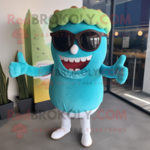 Cyan Burgers mascot costume character dressed with a Corduroy Pants and Sunglasses