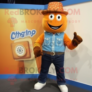 Orange Chocolate Bar mascot costume character dressed with a Chambray Shirt and Bracelet watches