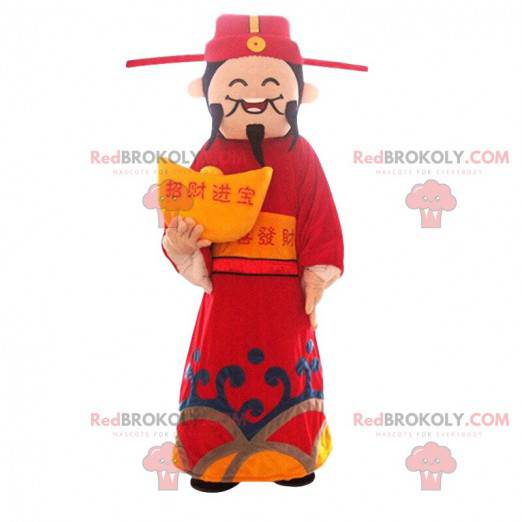 Aziatische man mascotte, god van de rijkdom, Aziatisch kostuum