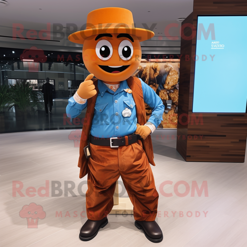 Orange Chocolate Bar mascot costume character dressed with a Chambray Shirt and Bracelet watches