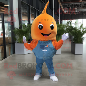 Orange Narwhal mascot costume character dressed with a Denim Shirt and Shoe clips