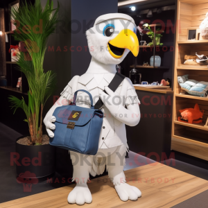White Parrot mascot costume character dressed with a Overalls and Messenger bags