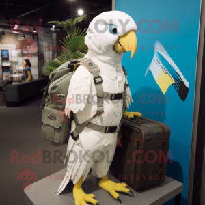 White Parrot mascot costume character dressed with a Overalls and Messenger bags