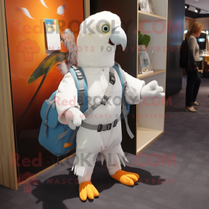 White Parrot mascot costume character dressed with a Overalls and Messenger bags