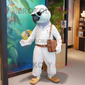 White Parrot mascot costume character dressed with a Overalls and Messenger bags