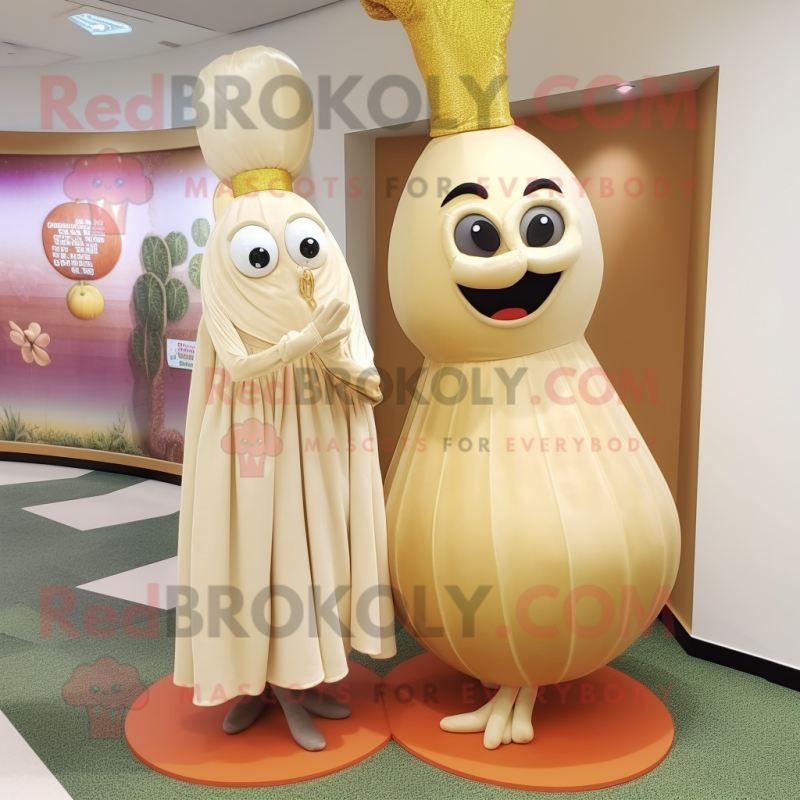 Tan Onion mascot costume character dressed with a Evening Gown and Brooches