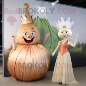 Tan Onion mascot costume character dressed with a Evening Gown and Brooches