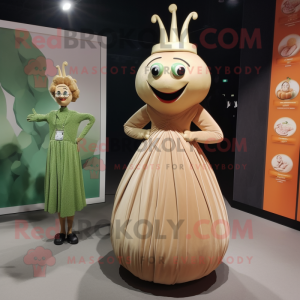 Tan Onion mascot costume character dressed with a Evening Gown and Brooches