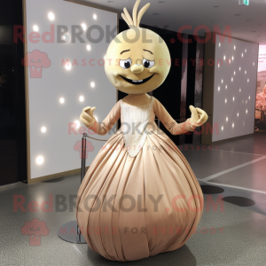 Tan Onion mascot costume character dressed with a Evening Gown and Brooches