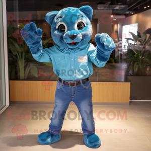 Teal Jaguar mascot costume character dressed with a Denim Shirt and Shoe clips