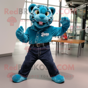 Teal Jaguar mascot costume character dressed with a Denim Shirt and Shoe clips