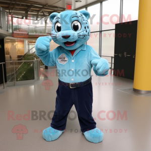 Teal Jaguar mascot costume character dressed with a Denim Shirt and Shoe clips