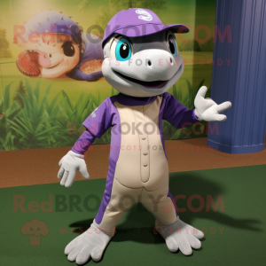 Lavender Geckos mascot costume character dressed with a Baseball Tee and Mittens