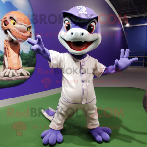 Lavender Geckos mascot costume character dressed with a Baseball Tee and Mittens