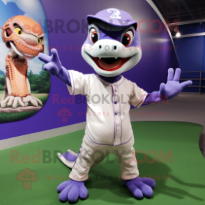 Lavender Geckos mascot costume character dressed with a Baseball Tee and Mittens