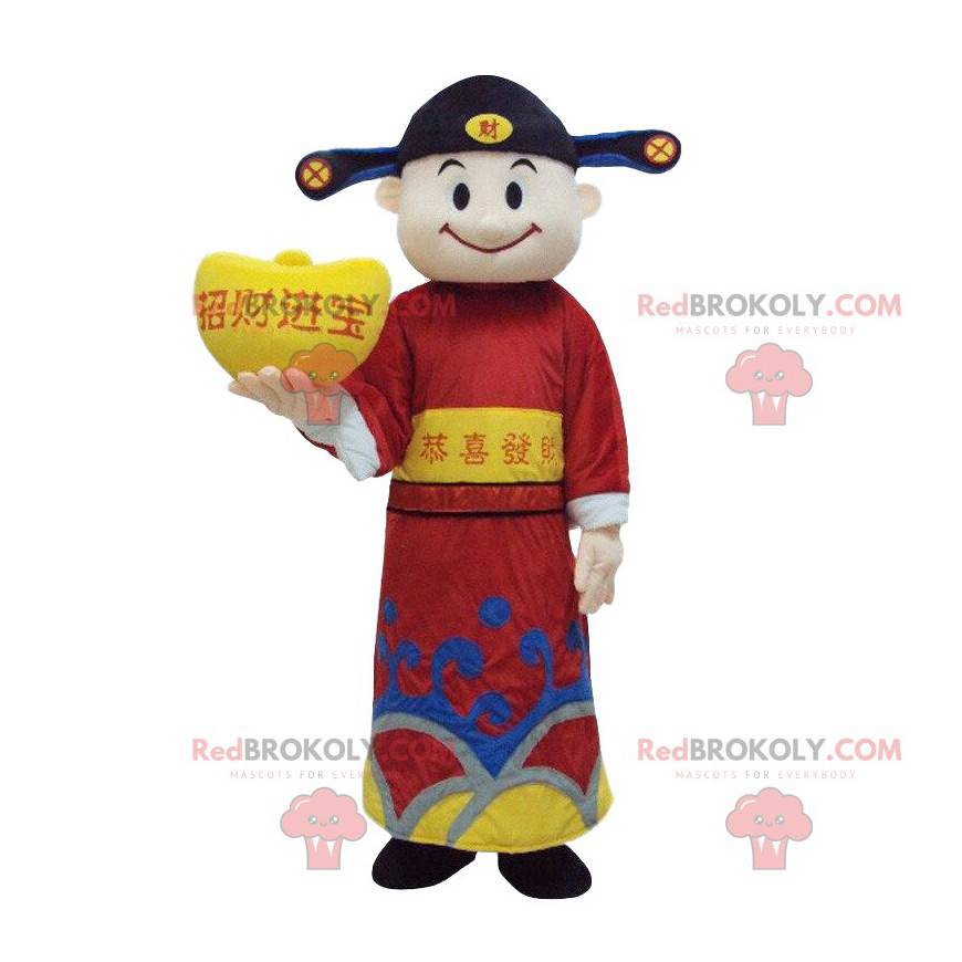 Asiatisk mand maskot, rigdomens gud, asiatisk kostume -