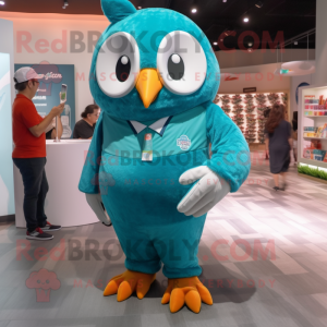 Teal Owl mascot costume character dressed with a Polo Shirt and Watches