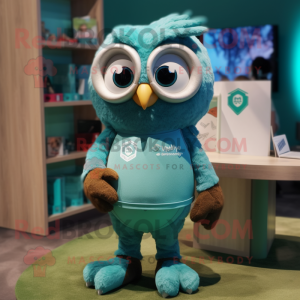 Teal Owl mascot costume character dressed with a Polo Shirt and Watches