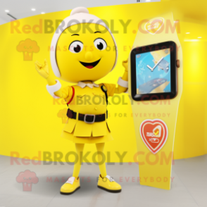 Yellow Arrow Of Love mascot costume character dressed with a Skirt and Smartwatches