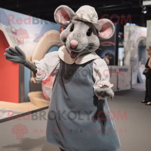 Gray Rat mascot costume character dressed with a Pleated Skirt and Gloves